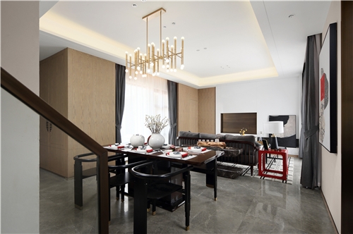 “书卷留白笔墨浓”，客餐厅区域，空间极具延展性，自然光照搭配艺术性灯光点缀，使整体氛围更显大气。 ...