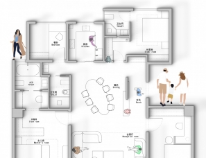 148㎡四叶草户型，三代五口人居住四室